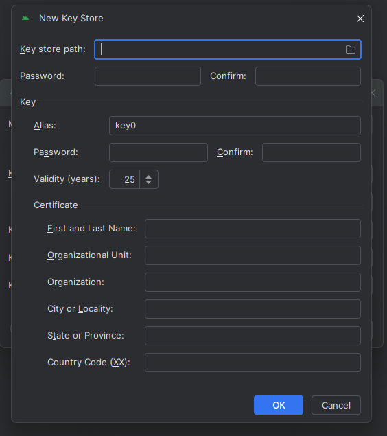 Create new keystore