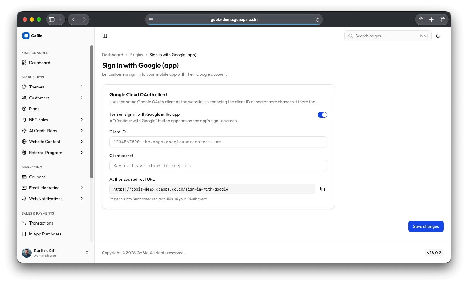 GoBiz OAuth plugin configuration for mobile