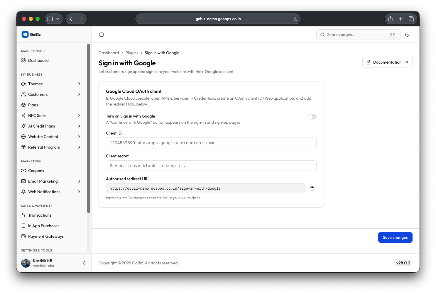 GoBiz google oauth configuration