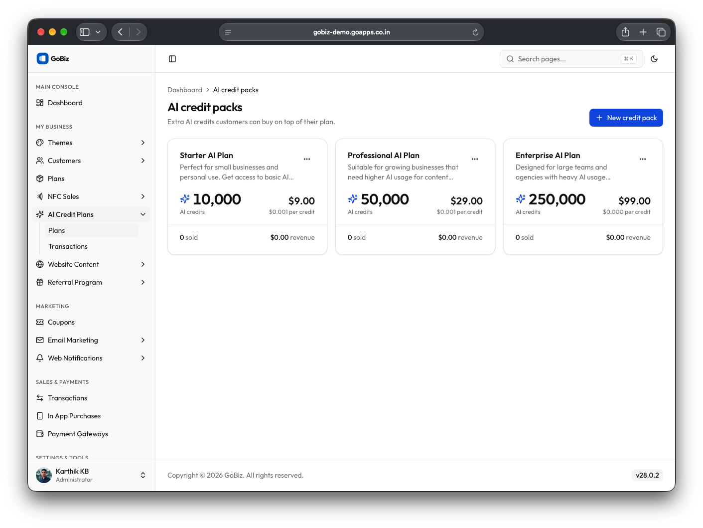 GoBiz AI Credit Plan dashboard