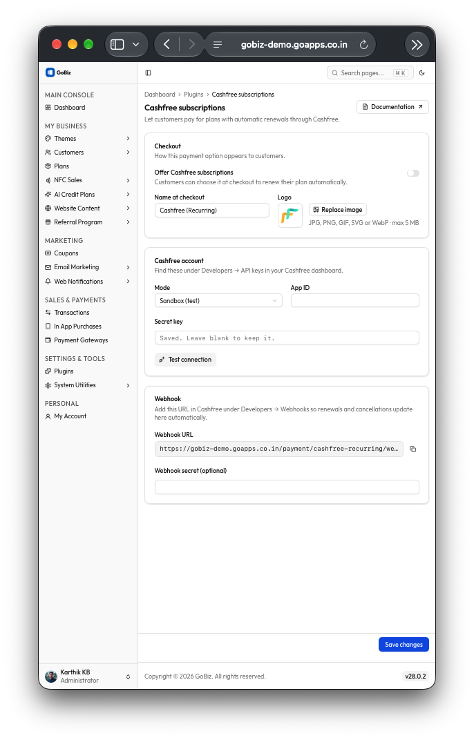 Cashfree configuration