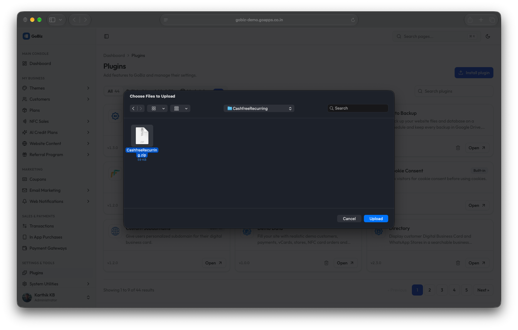 gobiz CashfreeRecurring plugin installation file