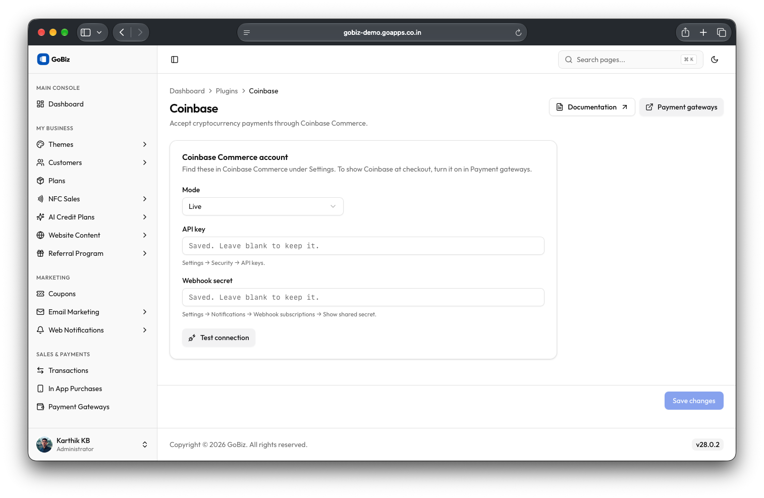 Gobiz Coinbase plugin configuration