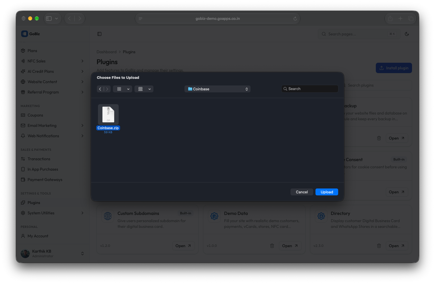 gobiz coinbase plugin file