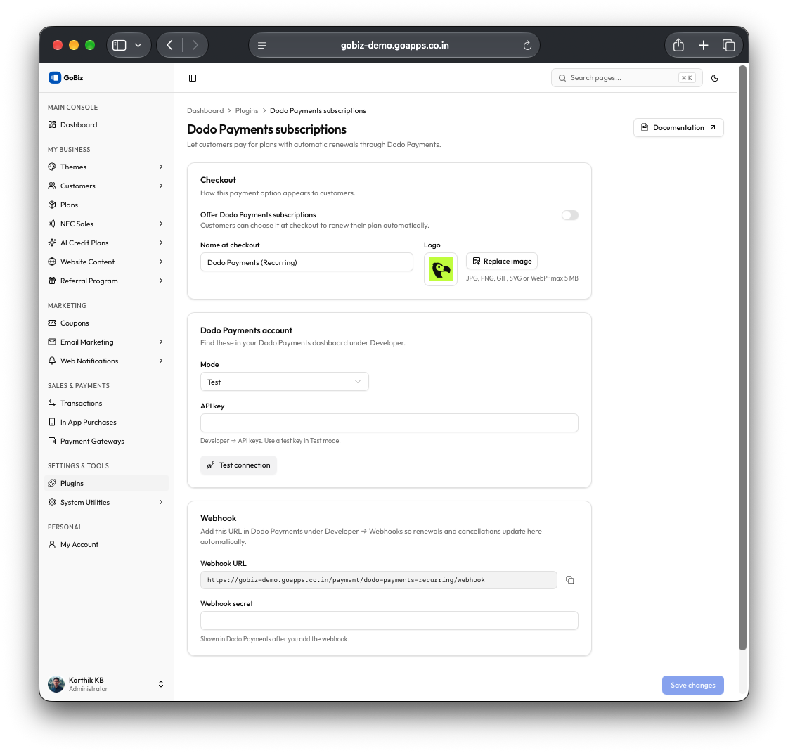 Dodo Payments Recurring Configuration page