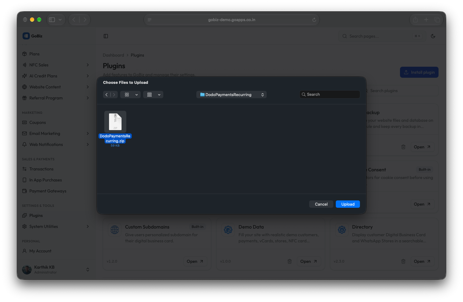 gobiz DodoPaymentsRecurring plugin installation file