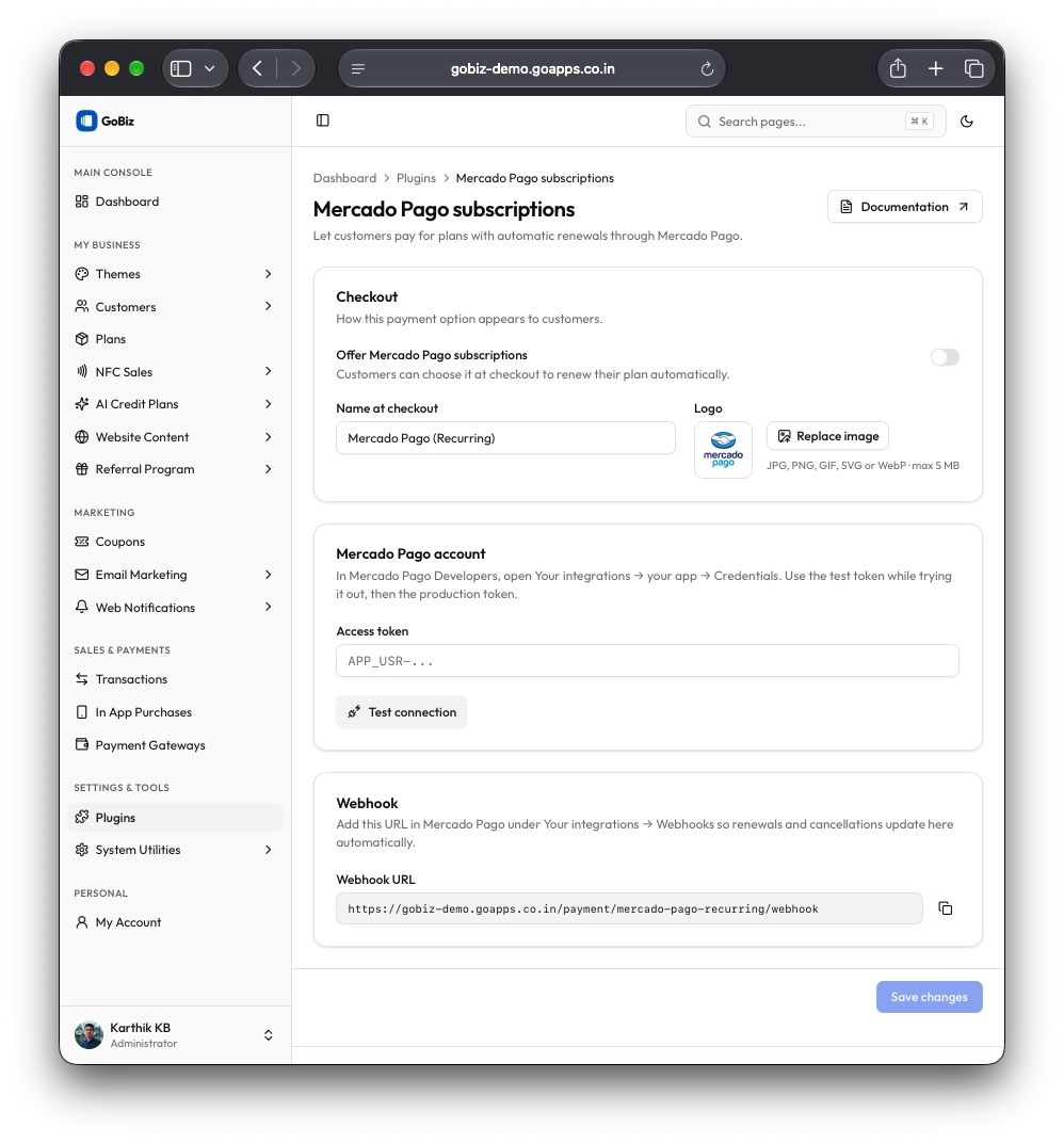 Mercadopago configuration for GoBiz