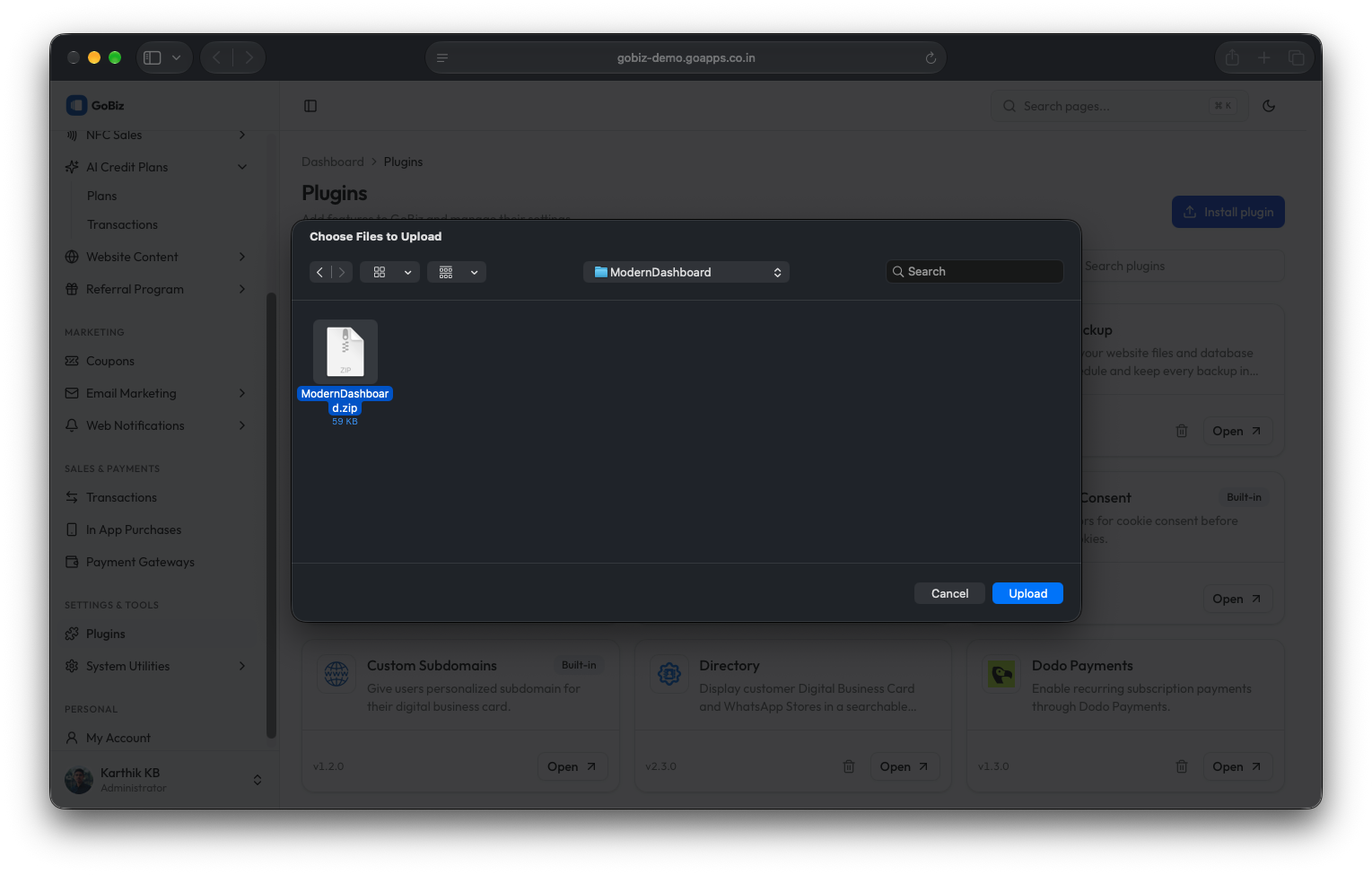 gobiz ModernDashboard plugin file upload