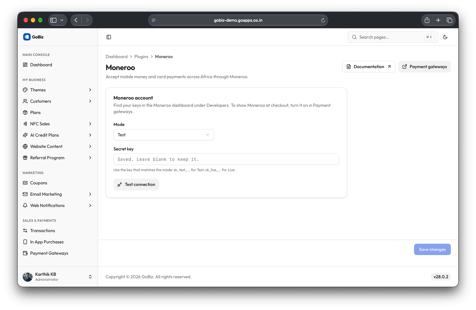 GoBiz Moneroo plugin configuration