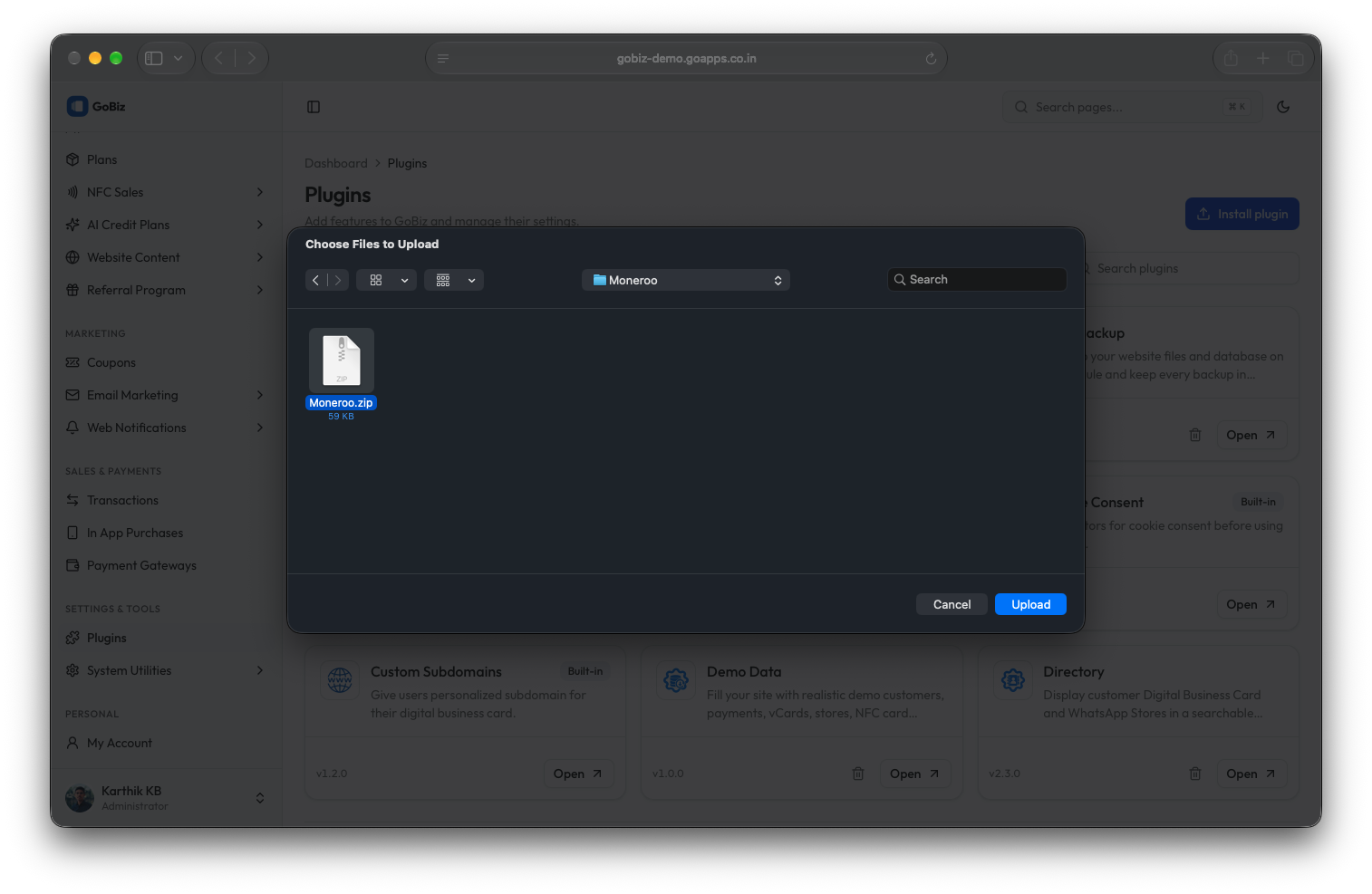 gobiz Moneroo plugin installation