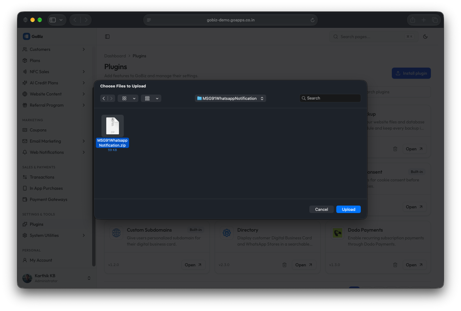 GoBiz MSG91WhatsappNotification plugin file