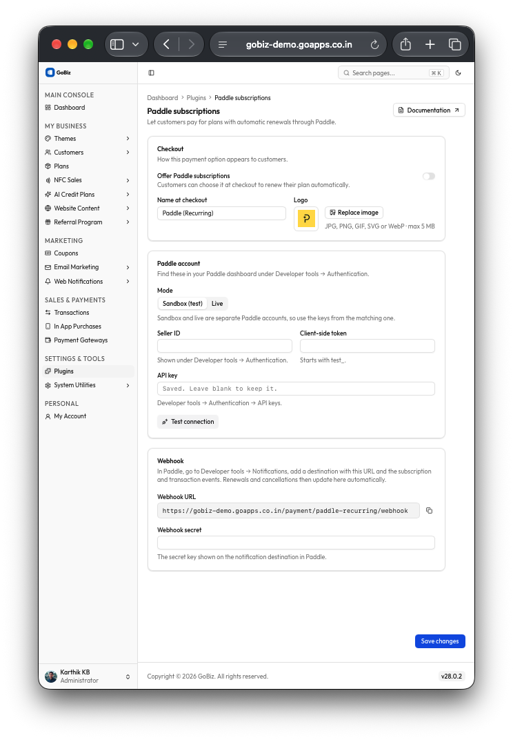 Paddle Recurring Plugin configuration