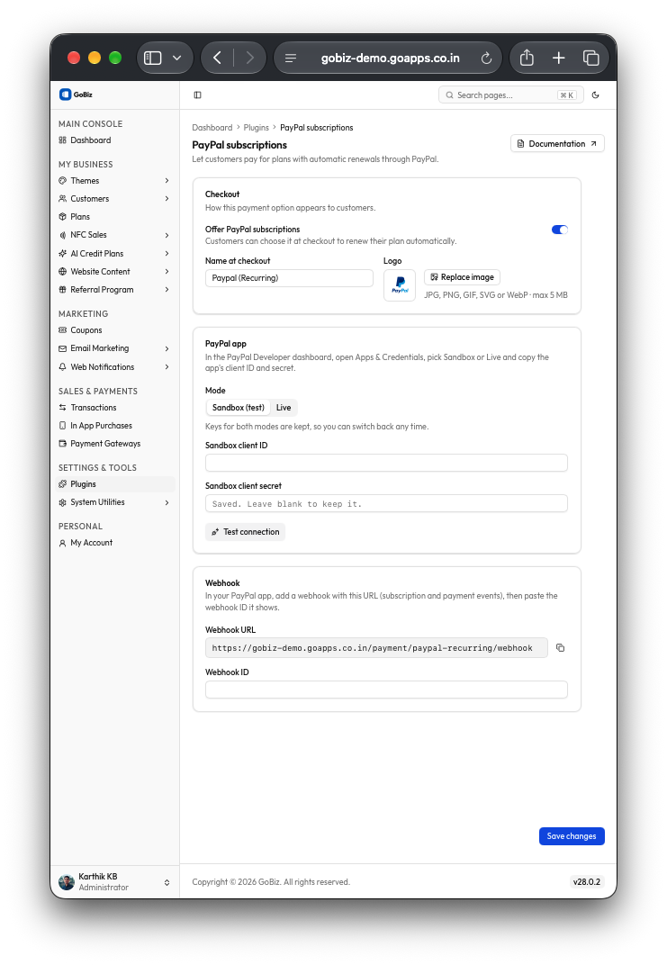 Gobiz PayPal plugin configuration