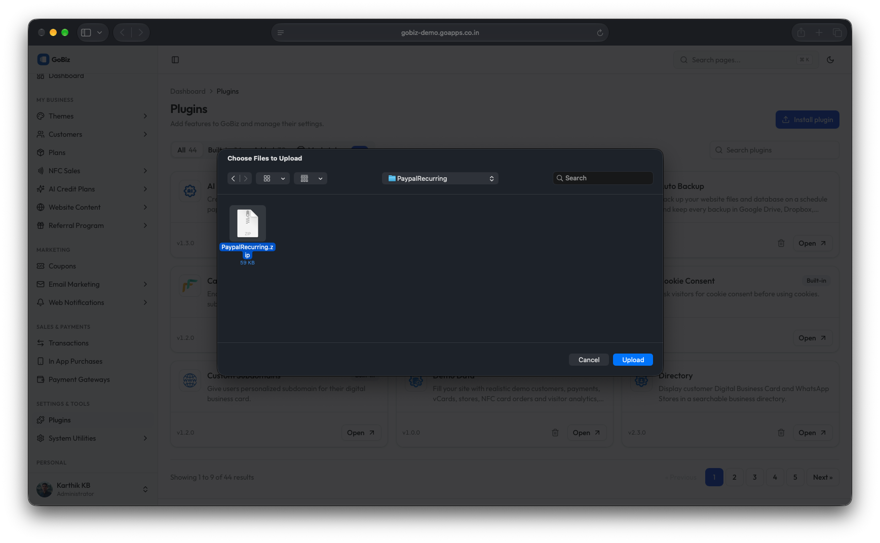 gobiz PaypalRecurring plugin installation
