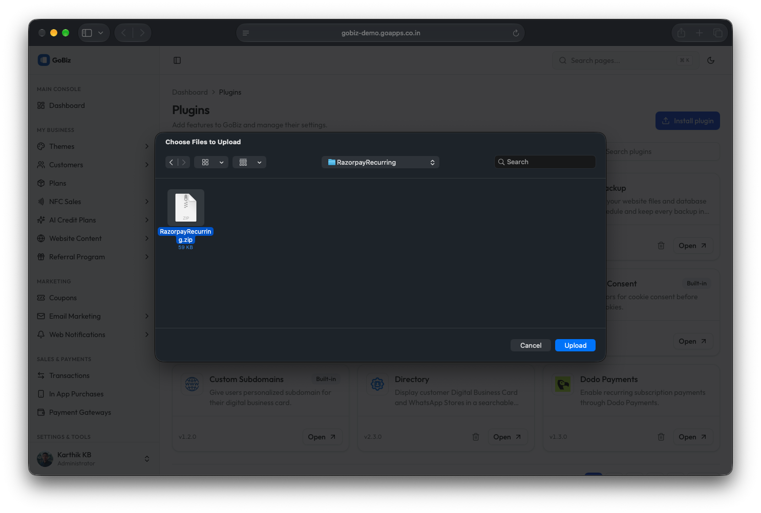 GoBiz RazorpayRecurring plugin file