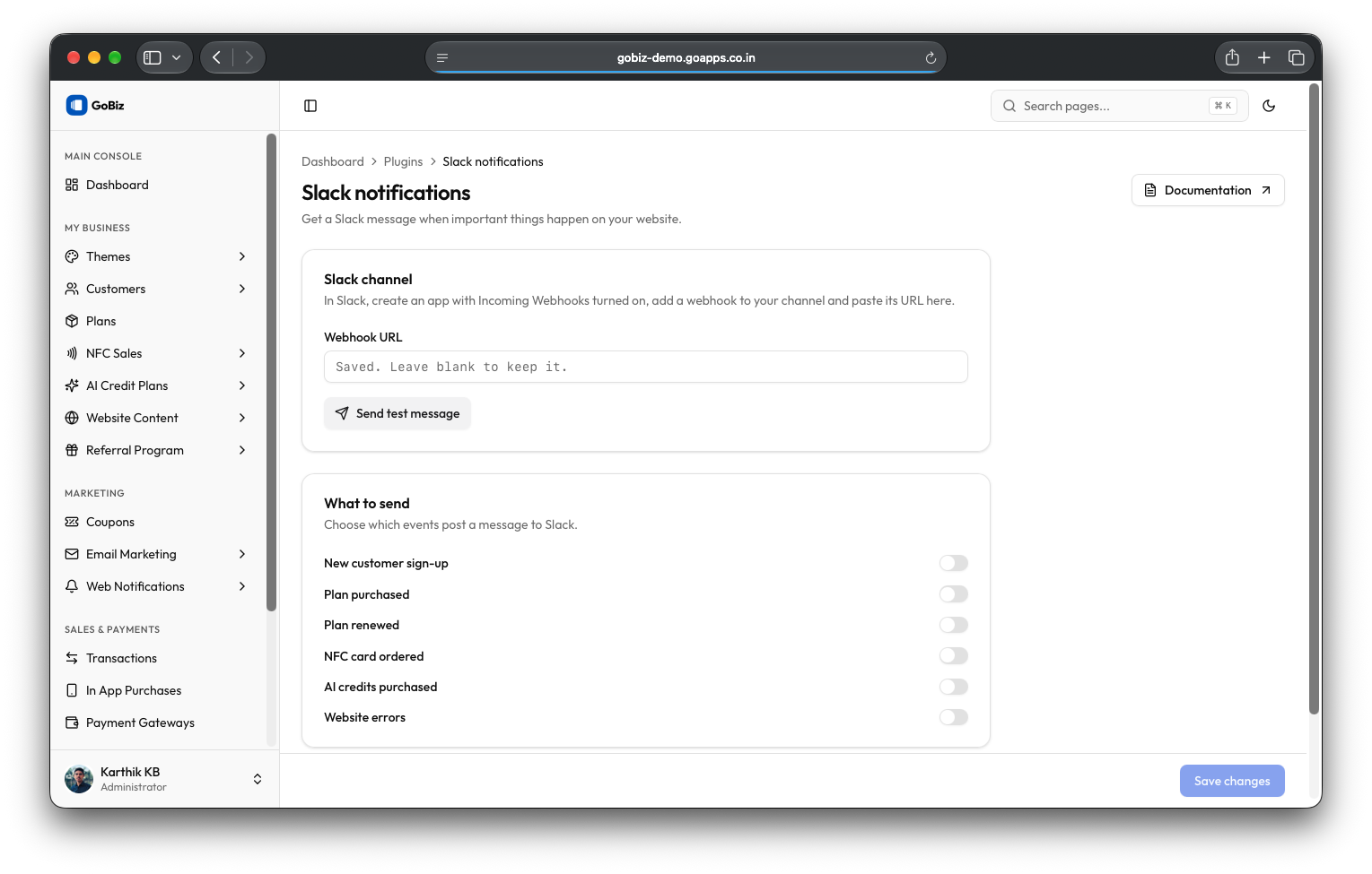 Gobiz slack notification plugin webhook configuration