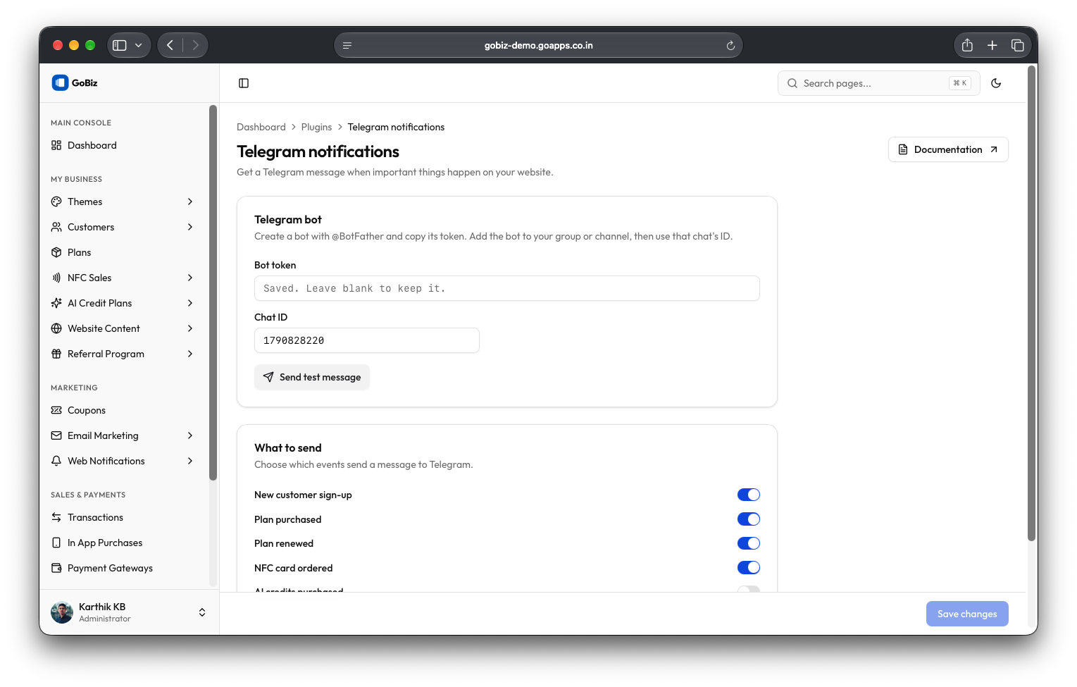 TelegramNotificationConfiguration bot token