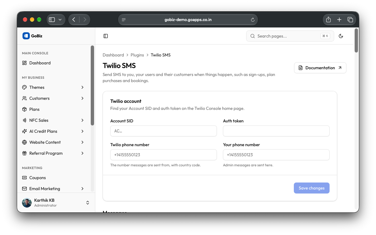 GoBiz Twilio plugin configuration