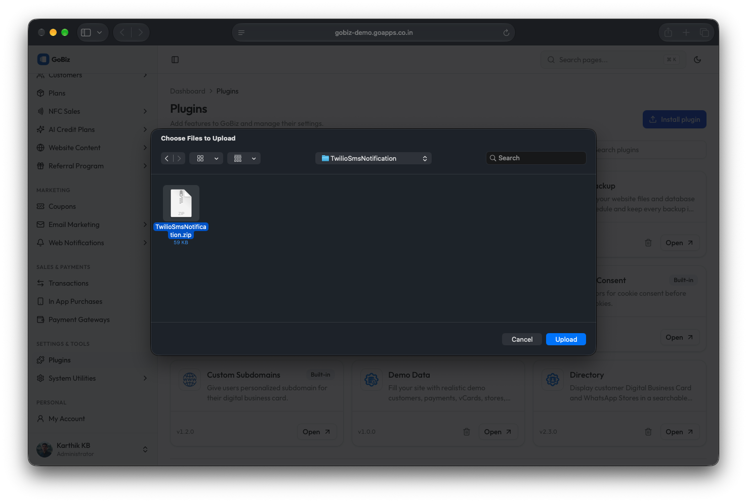 GoBiz TwilioSmsNotification plugin file