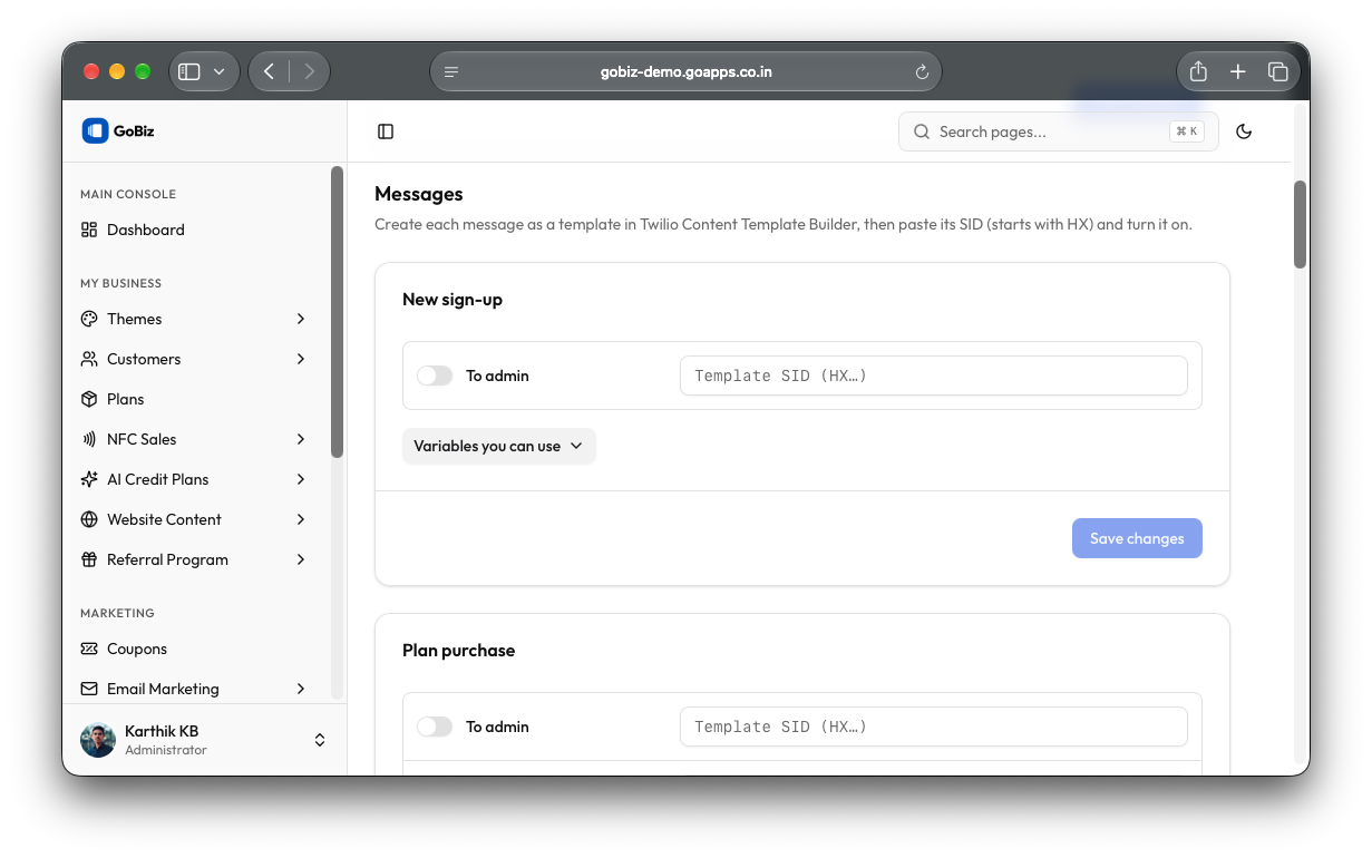 GoBiz Twilio Notification Template configuration