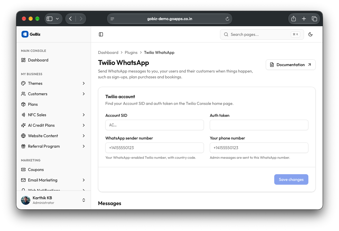 GoBiz Twilio whatsapp notification configuration
