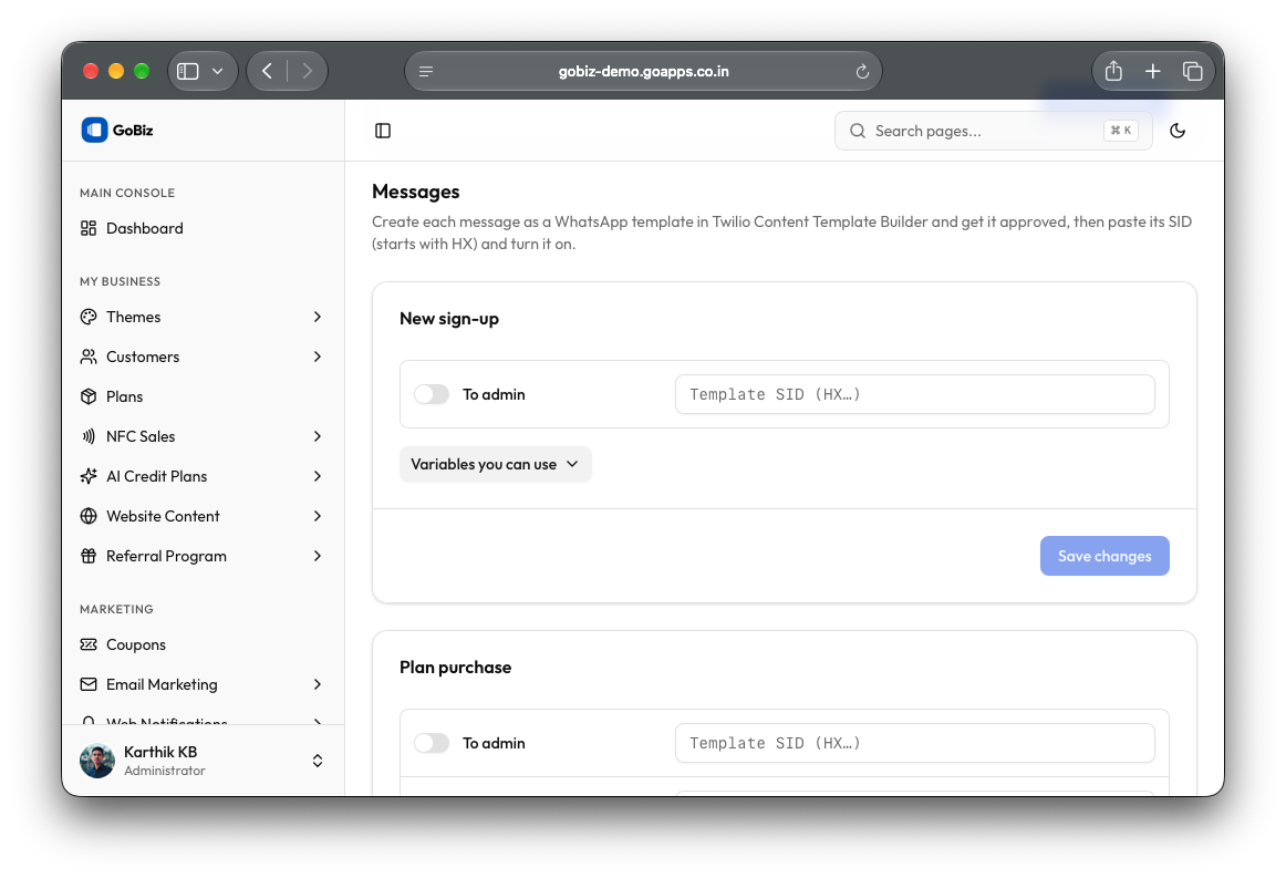 GoBiz Twilio Notification Template configuration