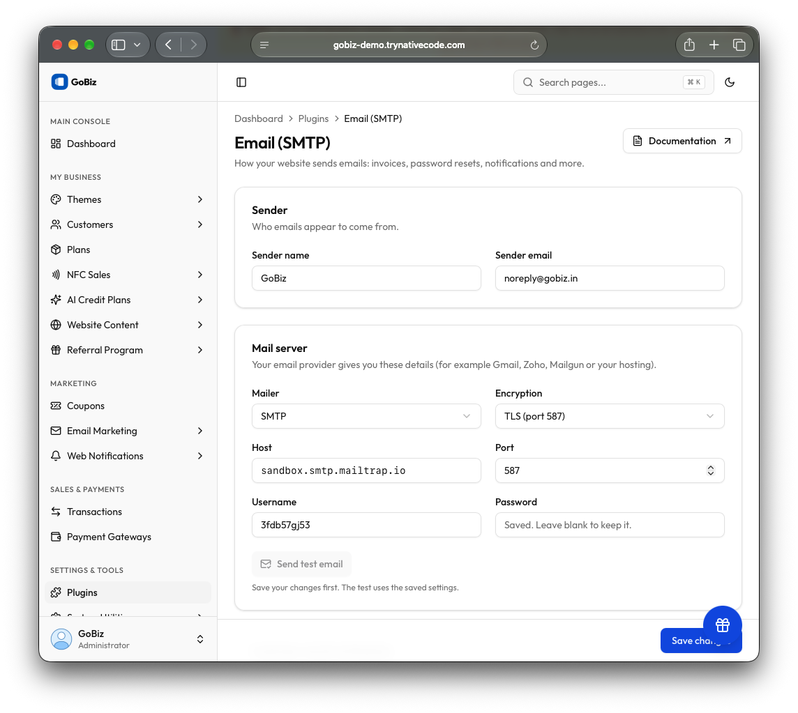 GoBiz Mail Configuration Screenshot