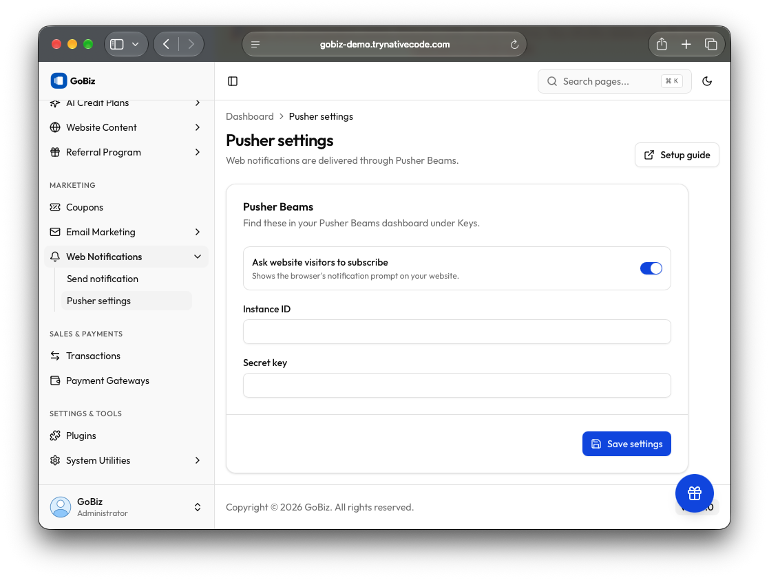 How to configure Pusher Beams in the GoBiz Admin Panel