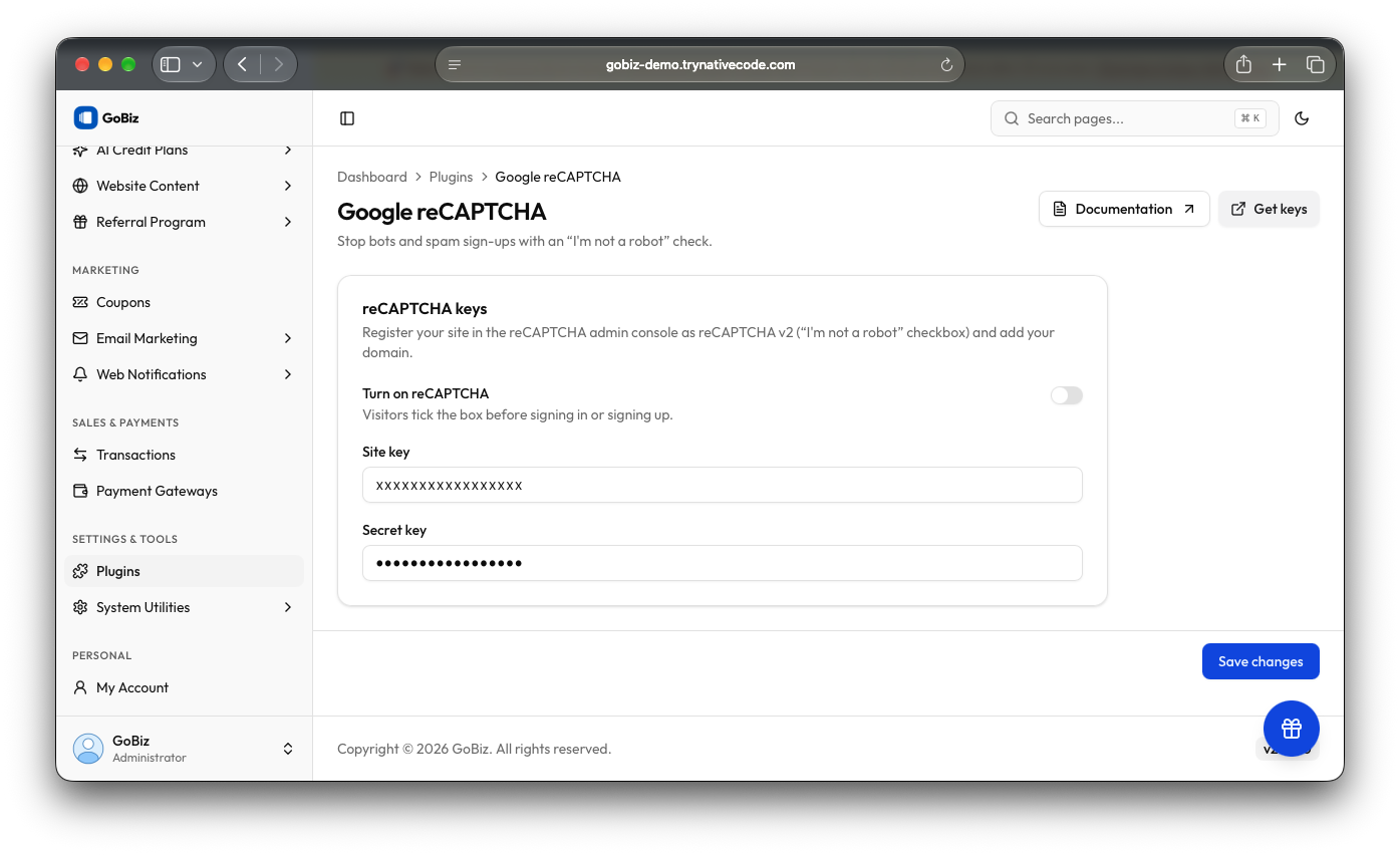 GoBiz disable Recaptcha