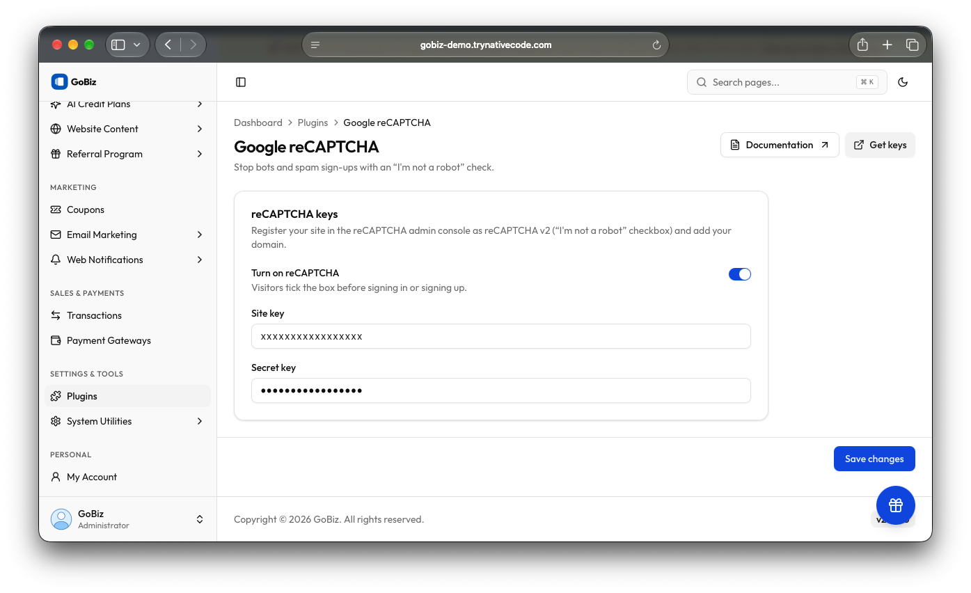 GoBiz admin panel Recaptcha settings