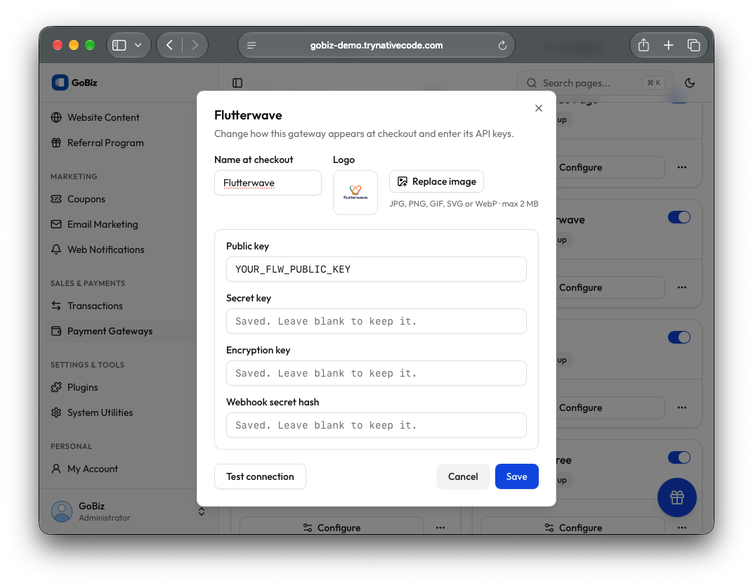 Flutterwave payment gateway configuration for GoBiz