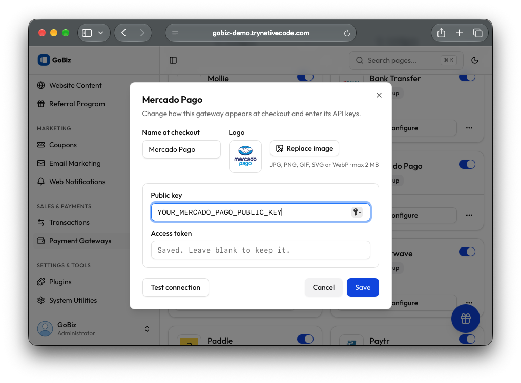 Mercado Pago payment gateway configuration for GoBiz