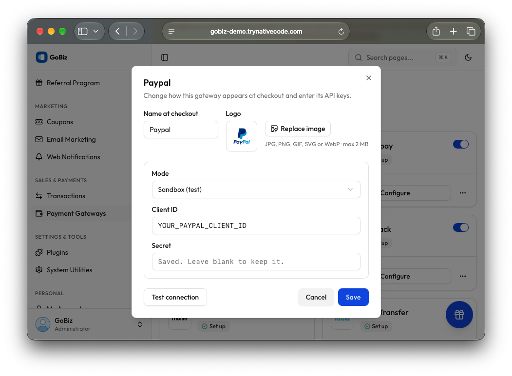 PayPal payment gateway configuration for gobiz